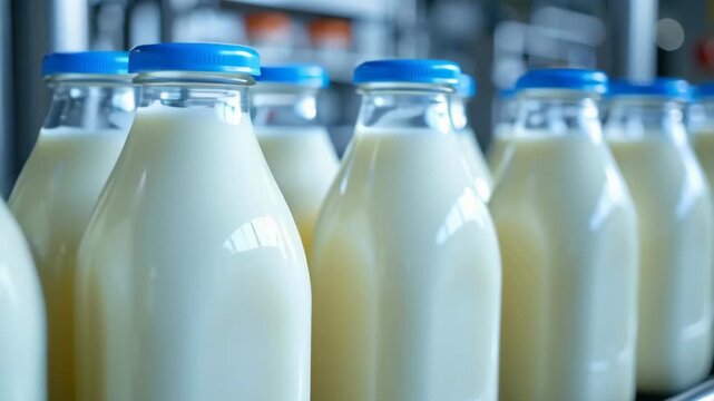 Glass bottle milk blue cap dairy fresh factory bottling production line nutrition healthy beverage clean modern industrial process automated food safety efficiency technology agriculture row