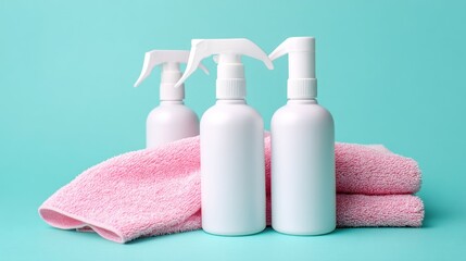 White spray bottles and pink towels on blue backdrop concept of cleaning and hygiene