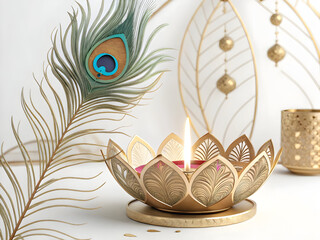 3 D Render of a Gold Lotus Shaped Diwali Lamp with Lit Candle and Peacock Feather Elegant Festive Decor Intricate Design Golden Accents