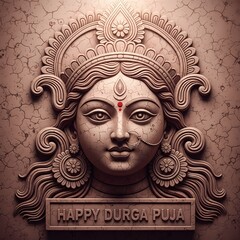 Stone carving of the goddess durga with happy durga puja text below it