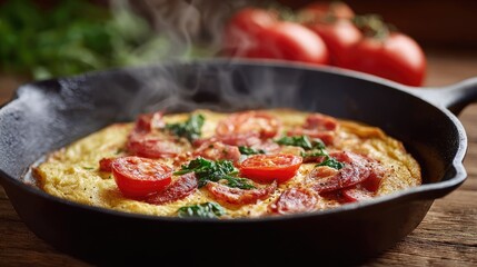 Delicious Tomato and Spinach Omelette in a Hot Skillet with Fresh Ingredients