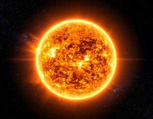 A close-up view of a fiery, textured celestial body, radiating light against a dark, starry backdrop