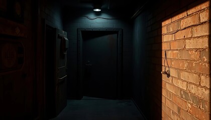 Claustrophobic, dimly lit escape room with rusty metal door and ominous shadows,  obstacle,  claustrophobic