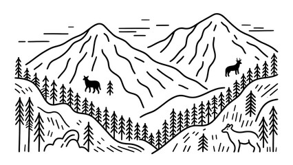 Naklejka premium Nature-inspired line art of mountains and forests with hidden animals, perfect for eco-friendly designs or outdoor-themed decor.