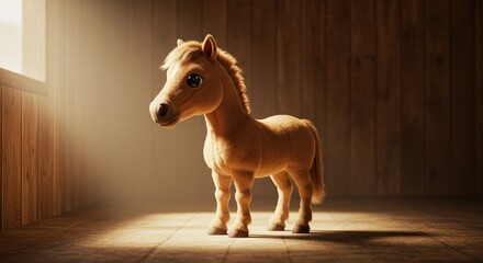 Cute Cartoon Style Baby Horse Standing in Wooden Stable