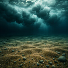 Fototapeta premium Underwater scene revealing the beauty of the seabed under stormy waves in contrast between calm and strength.