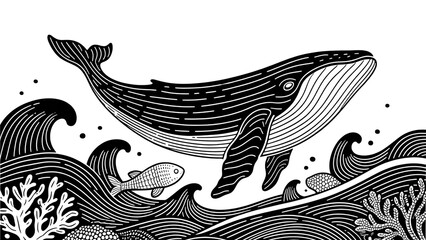  Continuous line drawing of a whale with waves and marine life, symbolizing ocean conservation, ideal for eco-aware designs