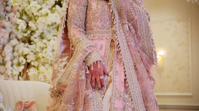 Orchid color wedding dress on the traditional Asian wedding , Slow motion camera shote, view of variety of bangles on the hands