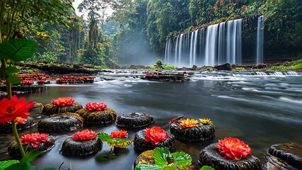 Tranquil scene shows lush tropical rainforest with red lotus on circular rocks gentle river wide waterfall for serene dreamy atmosphere nature travel meditation advertisement concept