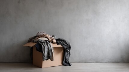 Overflowing Cardboard Box of Clothes Against a Gray Wall