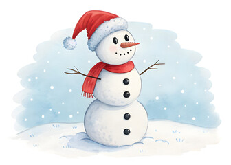 Fototapeta premium Cute watercolor snowman wearing a red hat and scarf in the snow