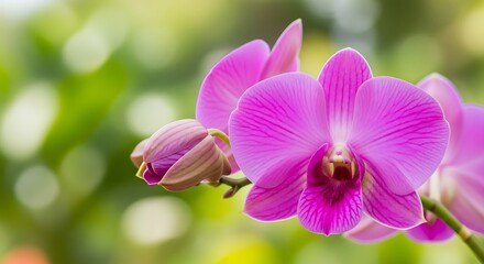 Obraz premium Vibrant Pink Orchid Blossoms in Soft Bokeh Garden.