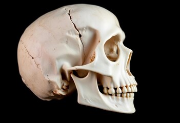 Close-up of a pale, weathered skull in profile against a dark background,   medical,   halloween