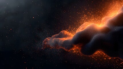 Obraz premium A dark, abstract image features a cloud-like form with a gradient of orange light emanating from within, contrasted against a black backdrop filled with scattered sparkles.