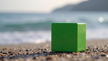 A vibrant green block rests on the sandy beach, contrasting beautifully with the golden grains and gentle waves lapping at the shore.