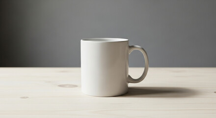 Fototapeta premium A simple white ceramic coffee mug sitting on a light wooden table against a plain grey background, ready for a beverage.