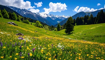 Fototapeta premium Idyllic Alpine Meadow with Wildflowers and Snow-Capped Mountains
