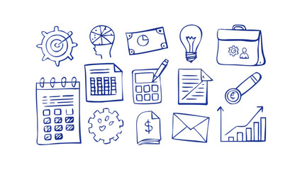 Blue business doodles on white background finance office