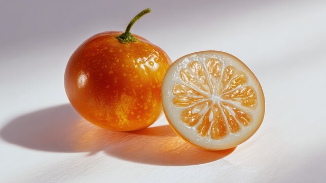 Lulo Whole fruit and halved view of a colorful, textured naranjilla fruit