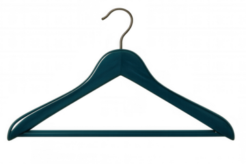 Teal wooden clothes hanger hanging against transparent background, showcasing minimalist design for garment organization