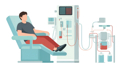 Man undergoing dialysis treatment with medical equipment