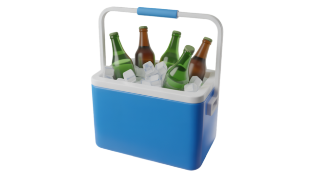 Blue Cooler with Bottles and Ice Cubes