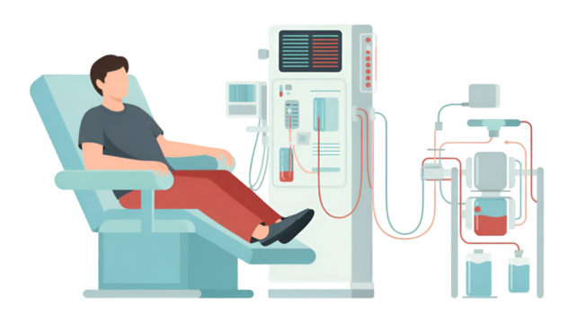 Man undergoing dialysis treatment with medical equipment