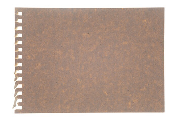 ripped recycled paper kraft with unique texture from spiral notebook on white isolated background