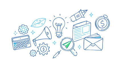 Business concept icons blue outline finance strategy