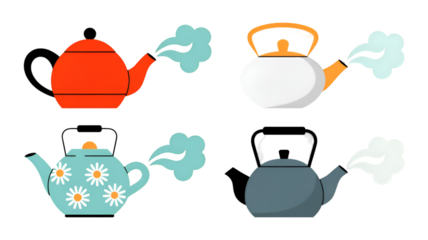 Four Steaming Kettles in Various Colors and Designs