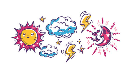 Cartoon sun moon clouds lightning stars weather comic