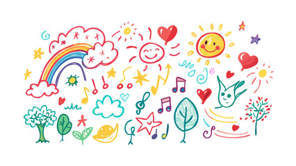 Cheerful doodle art with rainbow sun and music notes