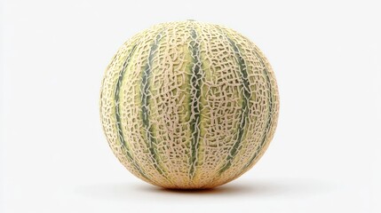 Fototapeta premium Cantaloupe, striped and textured, on bright, light surface. Single fruit