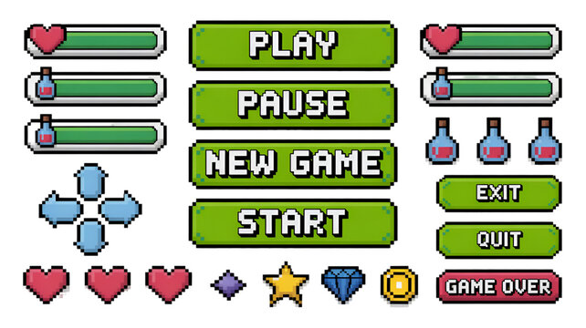 Pixel Art Game UI Elements: Health, Potions, and Controls - Powered by Adobe