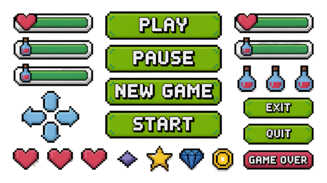 Pixel Art Game UI Elements: Health, Potions, and Controls