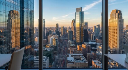 Modern office view of a city skyline at sunset with reflections