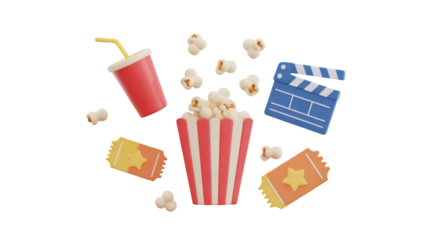 Movie Night Essentials: Popcorn, Drinks, Tickets, and Clapperboard