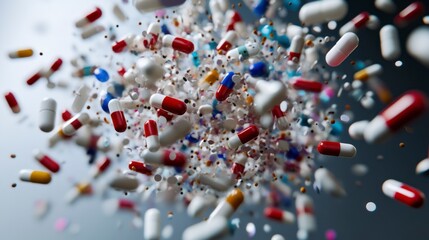 A vibrant explosion of various colorful pills and capsules in mid-air, a dynamic representation of medicine and pharmaceuticals.