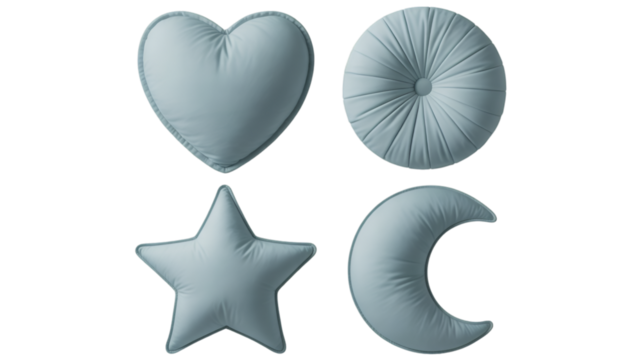 Four decorative pillows in pastel blue: heart, star, moon, and round