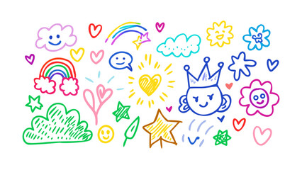 Colorful doodle collection with happy faces and rainbows