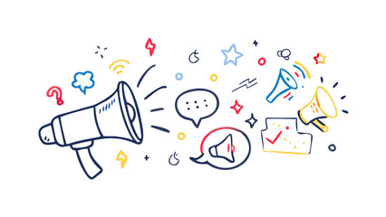Colorful doodle megaphones and communication symbols