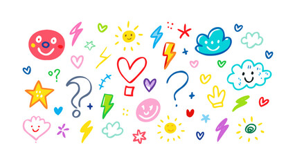 Colorful doodles with faces and weather symbols clouds