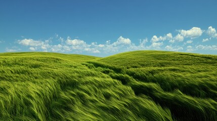 Lush Green Hills Under a Clear Blue Sky with Soft White Clouds