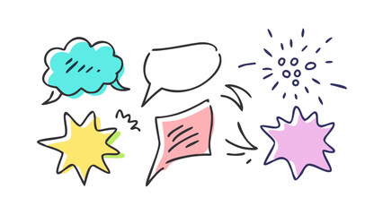 Colorful hand drawn speech bubbles and bursts thought bubble