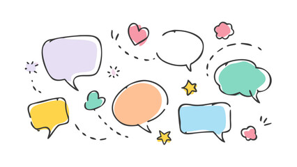 Colorful hand drawn speech bubbles and hearts thought bubble