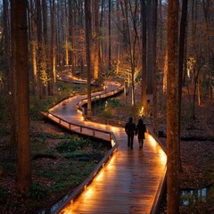 Nighttime woodland path, couple walking