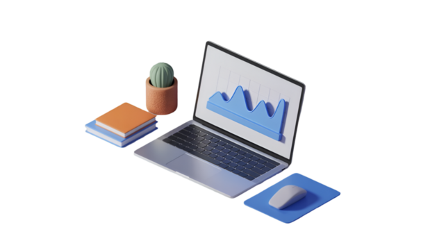 3D Isometric Laptop with Data Graph, Books, and Cactus