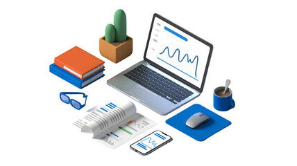 Isometric Workspace with Laptop, Coffee, and Documents