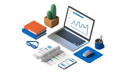 Isometric Workspace with Laptop, Coffee, and Documents