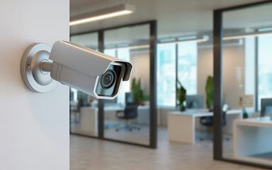 Modern office security camera mounted on wall with blurred background